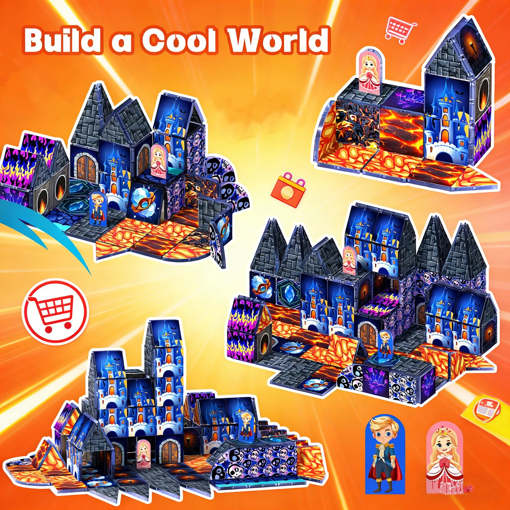 NUOVO Set di Piastrelle Magnetiche da Costruzione, Giocattoli STEM per Bambini 3+ DIY, Gioco Educativo 3D con Figurine di Principi e Principesse