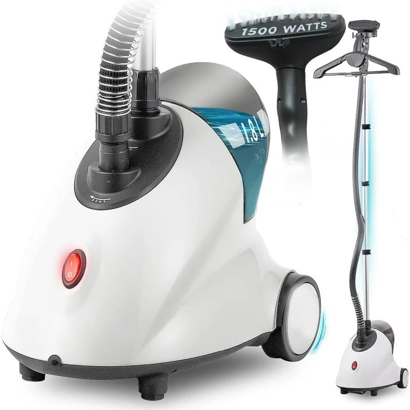 Piroscafo per vestiti a grandezza naturale GS18 - Potenza 1500 W, serbatoio dell'acqua da 1,8 litri, vapore per indumenti da 60 minuti, ferro da stiro, palo regolabile