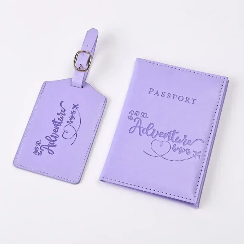 New purple PU leather passport holder with ticket clip, passport covers, luggage label set, credit card holder, unisex travel wallet
