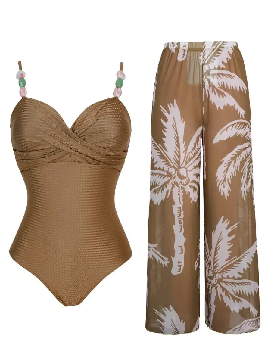 Womens Crossover Strap One-Piece Swimsuit With Palm Tree Print Wide Leg Pants Two Piece Set