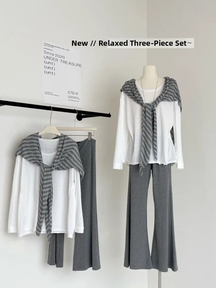plus Size Women's Casual Striped Long Sleeve T-Shirt Set High Waist Flared Pants Shoulder Scarf Three Piece Autumn Fashion En...