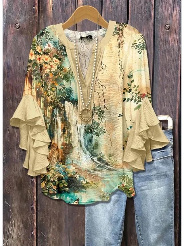 Camicetta stampata con maniche a volant alla moda da donna, camicia elegante, morbida e leggera, per tutte le stagioni