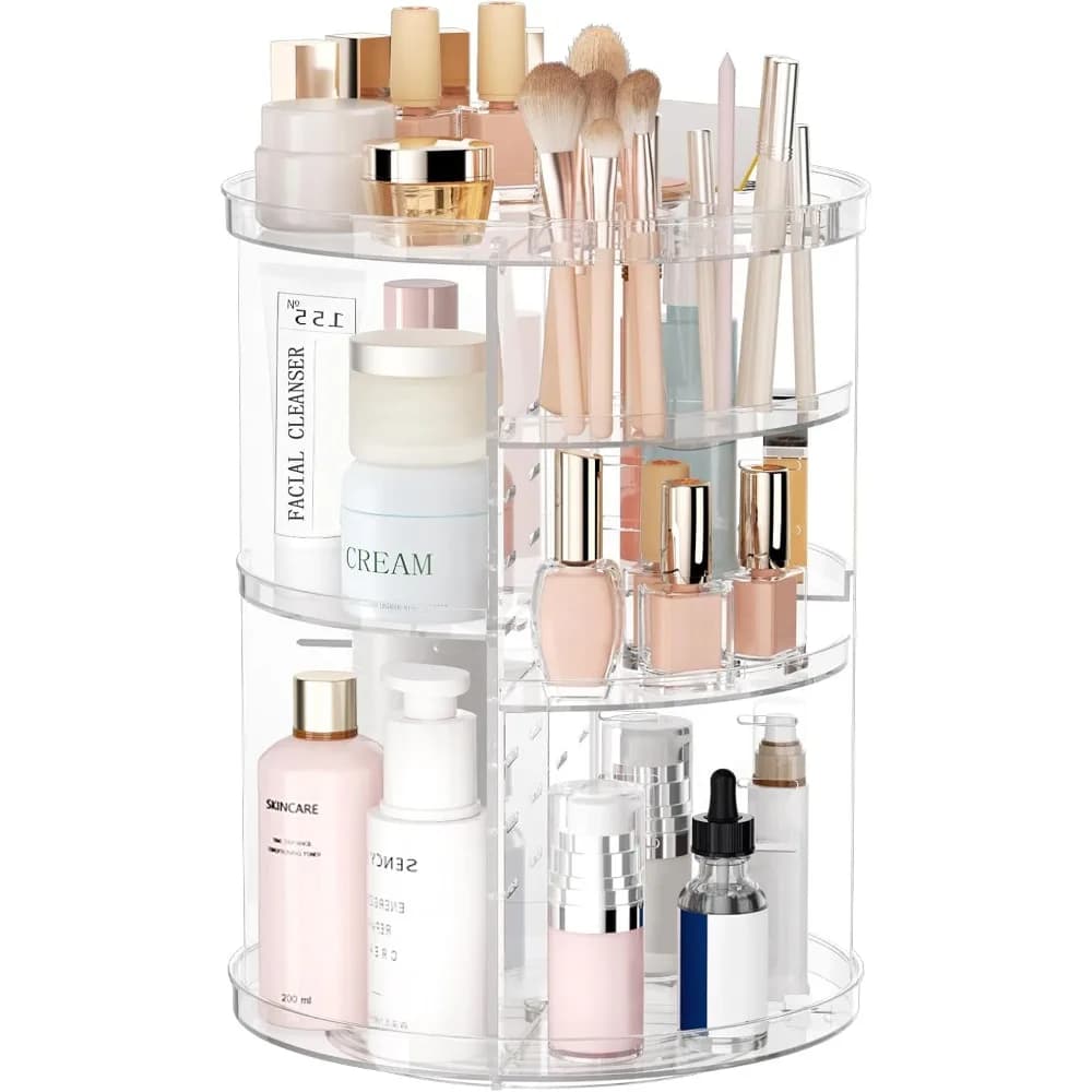 Organizzatore Girevole per Trucchi, Contenitore Girevole Fai-da-te a 8 Livelli Regolabili per Cosmetici, Espositore per Cosmetici con Porta Pennelli e Vassoio per Profumi, Organizzatore Multifunzione Trasparente per Toeletta e Bagno