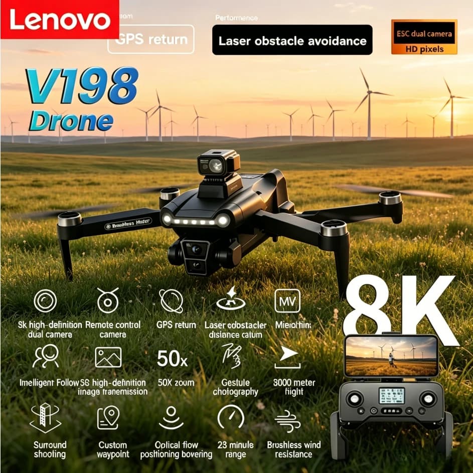 Drone Professionale Lenovo V198GPS 4K FPV Brushless con Evitamento Ostacoli Laser, Quadricottero Pieghevole Mini 8K