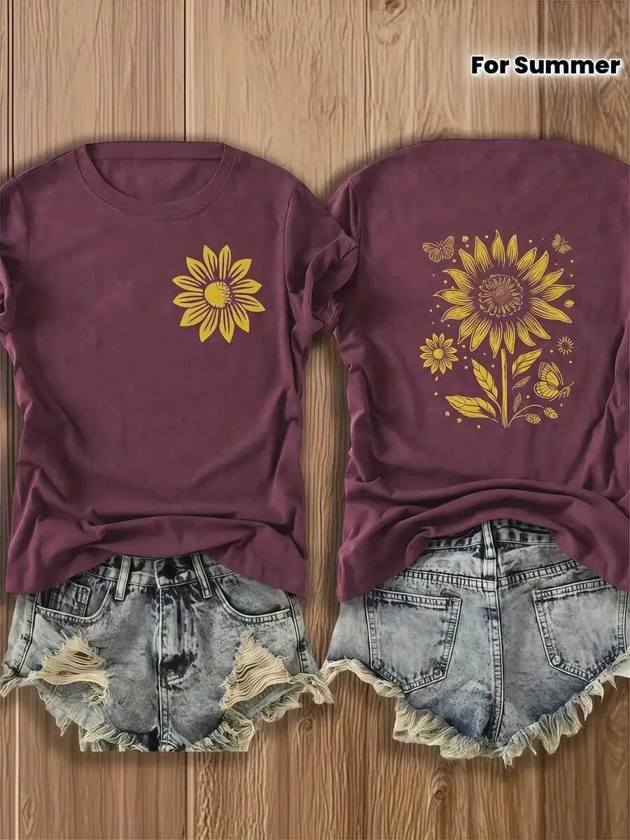 T-shirt in cotone stampato su entrambi i lati con design a forma di girasole e farfalla, top casual estivo