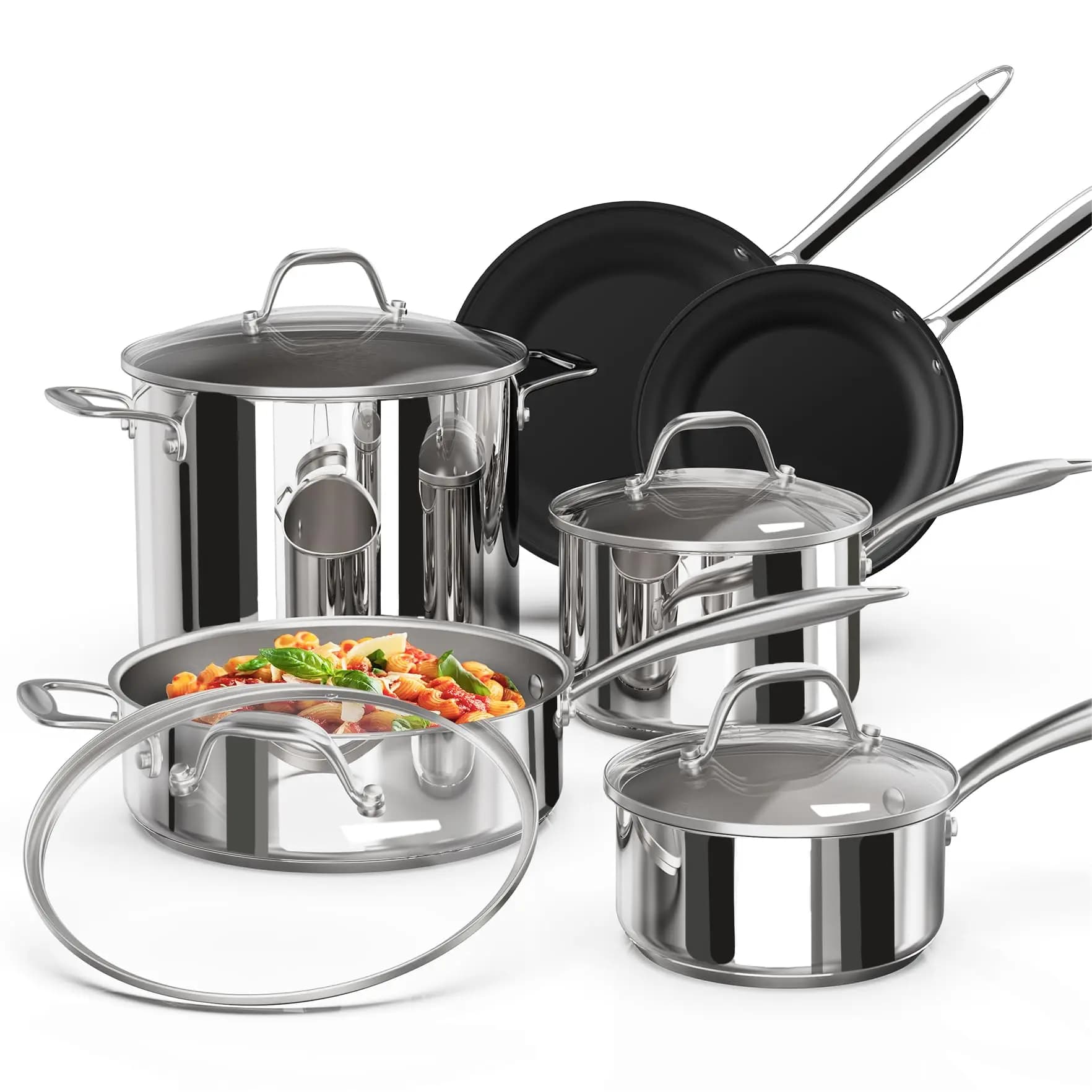 Set di Pentole in Acciaio Inox da 10 Pezzi con Padelle Antiaderenti e Coperchi in Vetro
