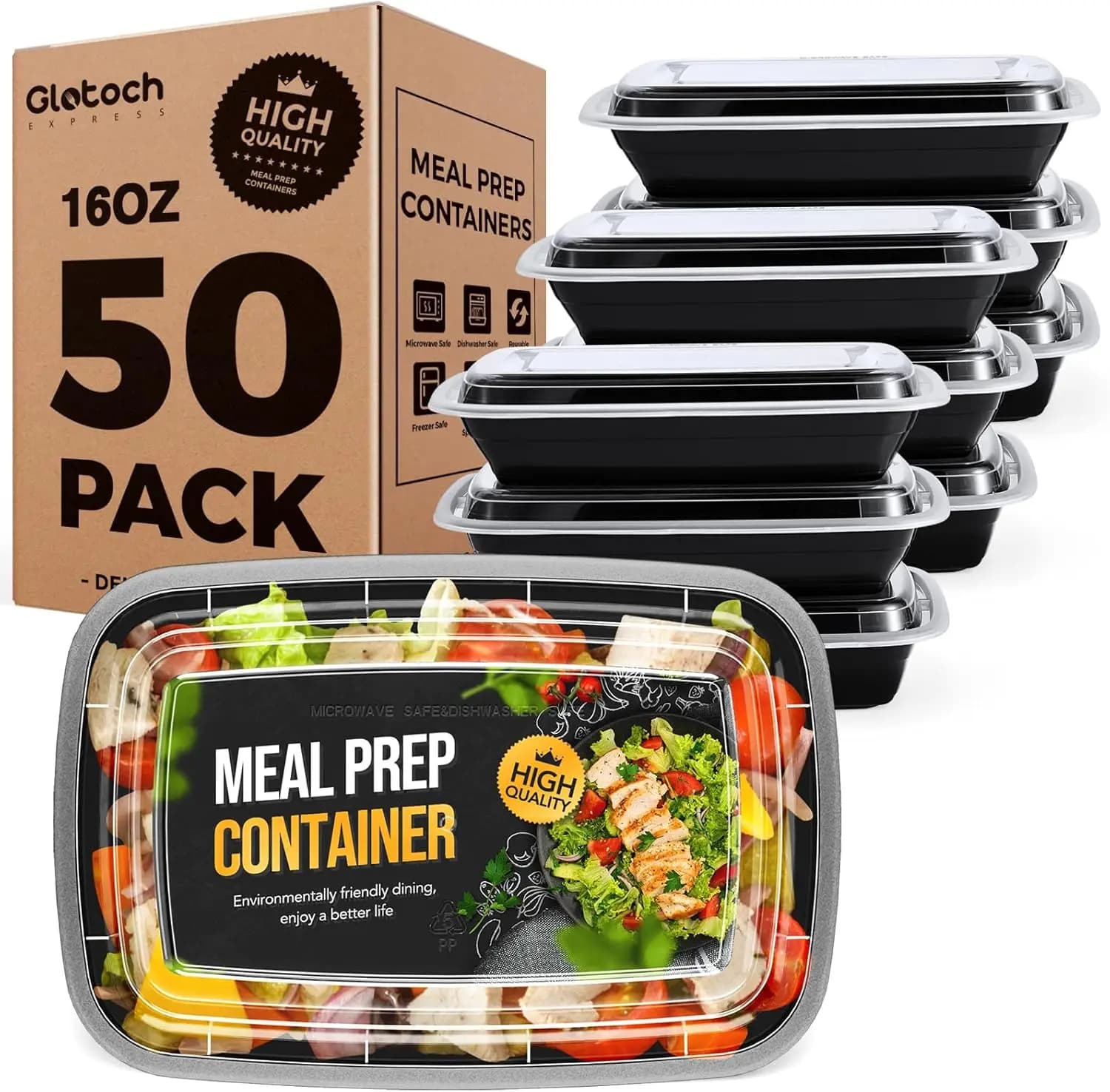 Contenitori per la preparazione dei pasti Glotoch da 16 once con coperchi, confezione da 50, contenitori ermetici e a tenuta stagna per la conservazione degli alimenti, riutilizzabili, in plastica senza BPA