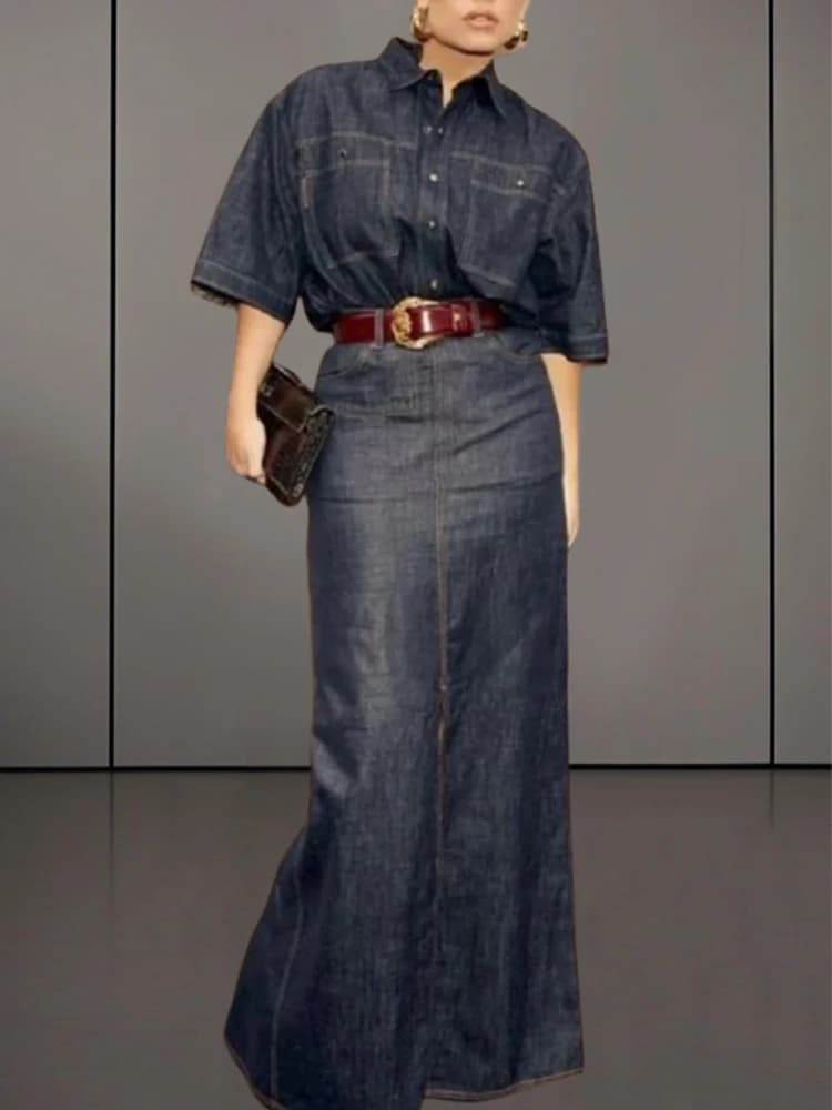 Set da 2 pezzi per donna Camicie e gonne in denim imitazione Moda estiva Top con risvolto allentato Senza cintura Gonna con cerniera Completo femminile