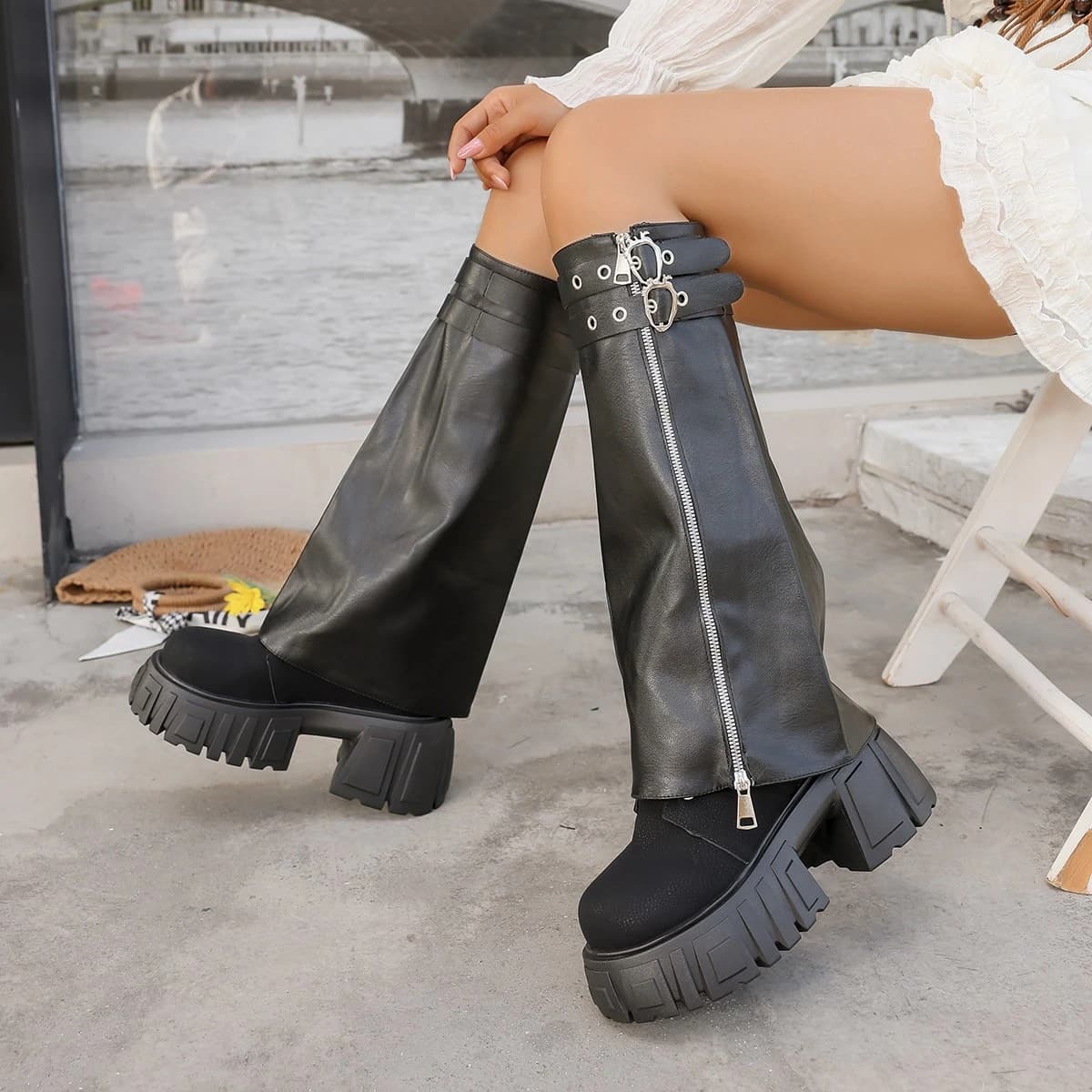 Stivali alti antiscivolo con plateau con design con cerniera da donna 2025 Autunno e inverno Nuovi stivali moda Chelsea gotici caldi Botas Mujer