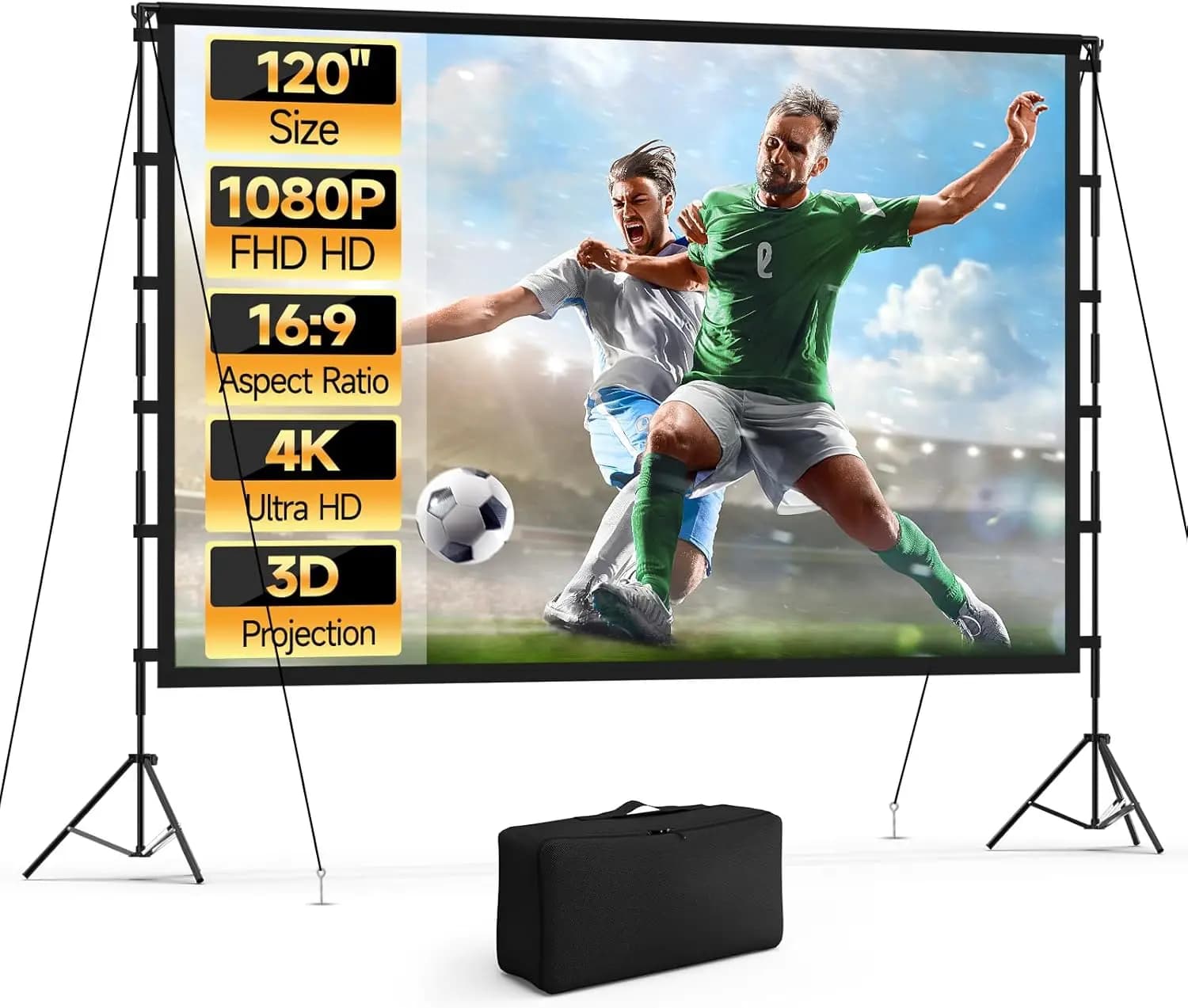 Schermo per Proiettore da 120 Pollici con Supporto, 16:9 4K HD Portatile per Home Theater Interno ed Esterno, Campeggio, Serate Cinema