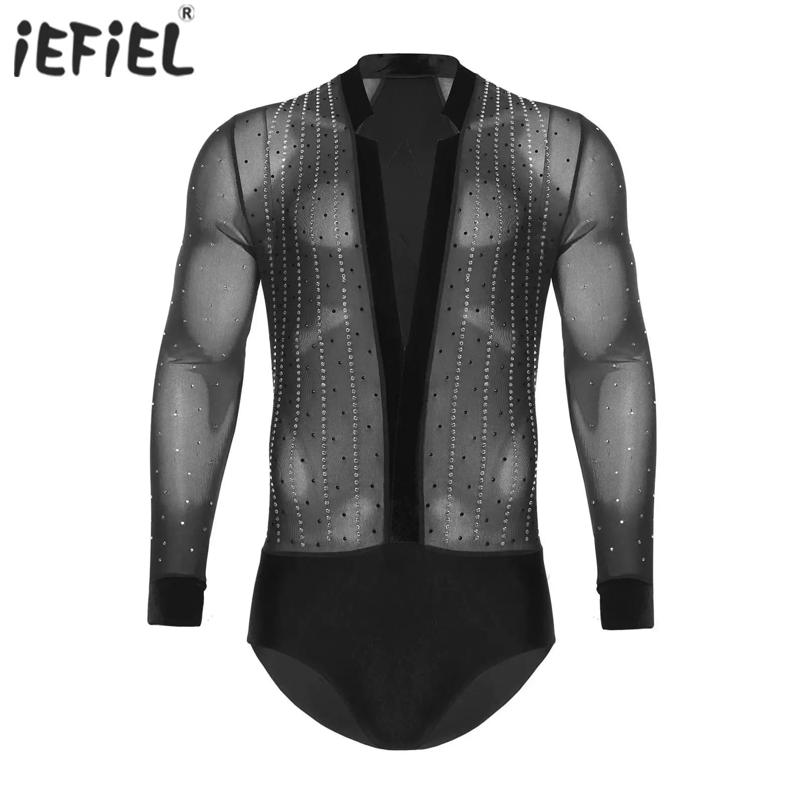 Body da ballo latino da uomo Ginnastica Unitard Maglia trasparente Manica lunga Profondo scollo a V V Velluto Patchwork Strass Tuta da pattinaggio su ghiaccio