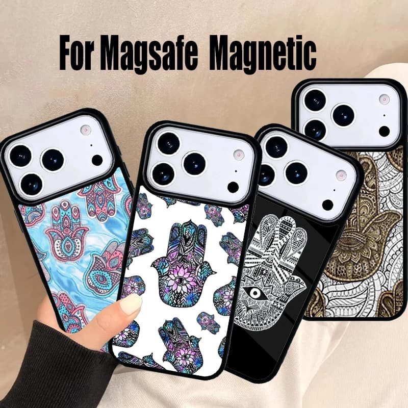 Cover Magnetica Wireless Magsafe Hamsa Mano di Fatima per iPhone 17 Air 16e 15 14 13 12 11 Pro Max Plus