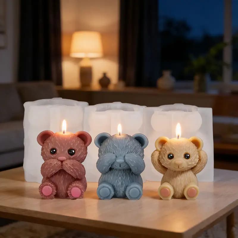Eyes-Covered, Ears-Covered & Mouth-Covered Shape Bear Silicone Candle Mold, Cute Animal Bear, DIY Candle Gypsum Resin Mould