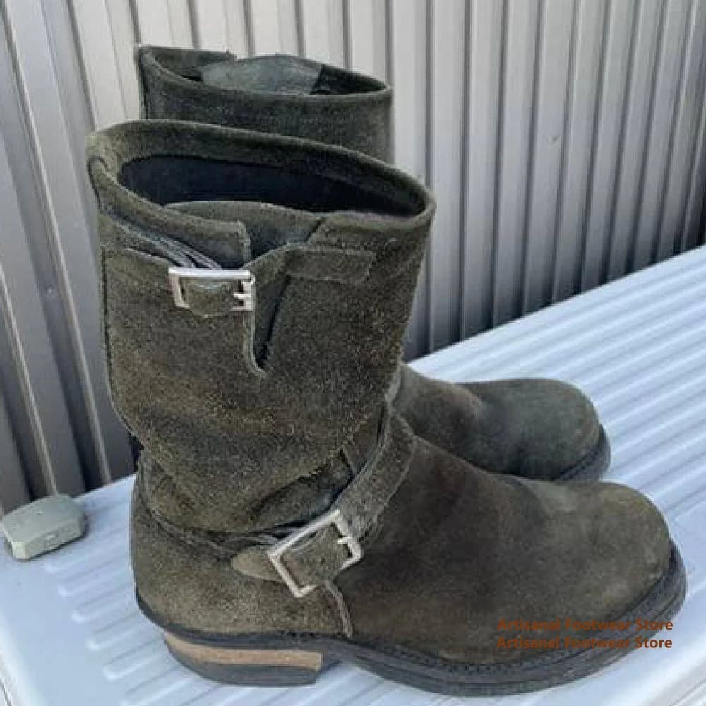 Stivali da uomo in pelle scamosciata verde scuro con tacco spesso e fibbia, stivali da motociclista, stivali da cavaliere, stile britannico, alla moda, fatti a mano