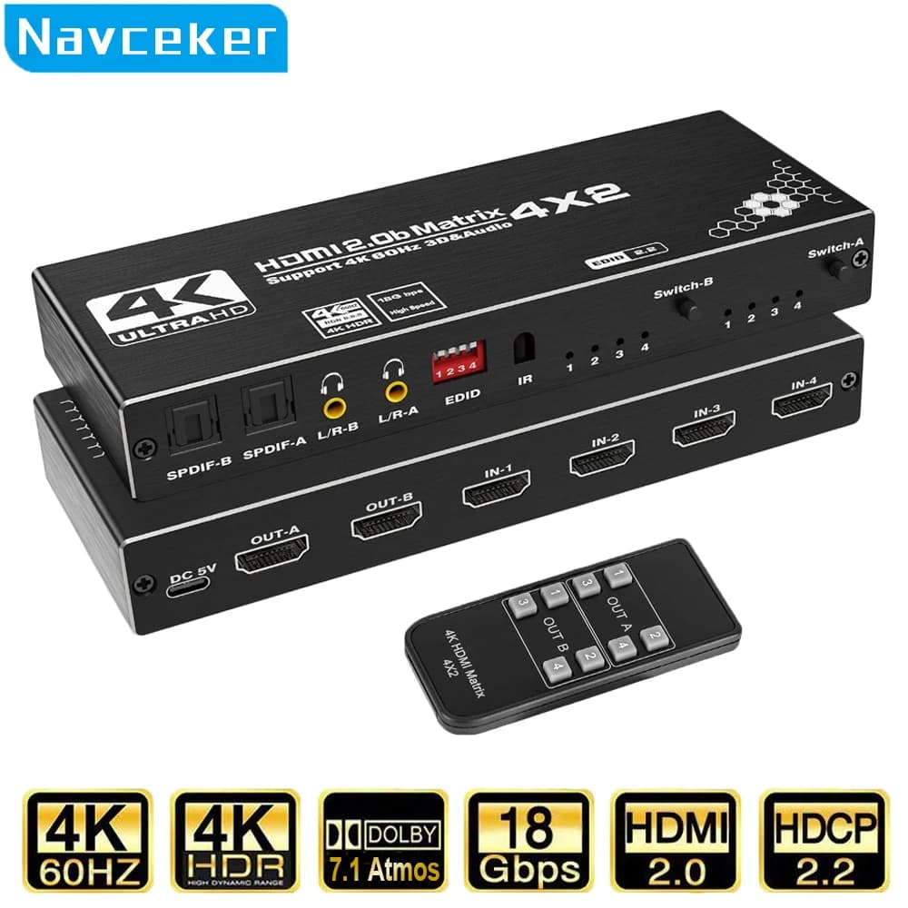 2023 4x2 HDMI Matrix Switch Splitter 4 In 2 Out 2 In 2 Out con SPDIF L/R 3.5mm HDR Switch compatibile HDMI ARC 4K @ 60Hz per PS5