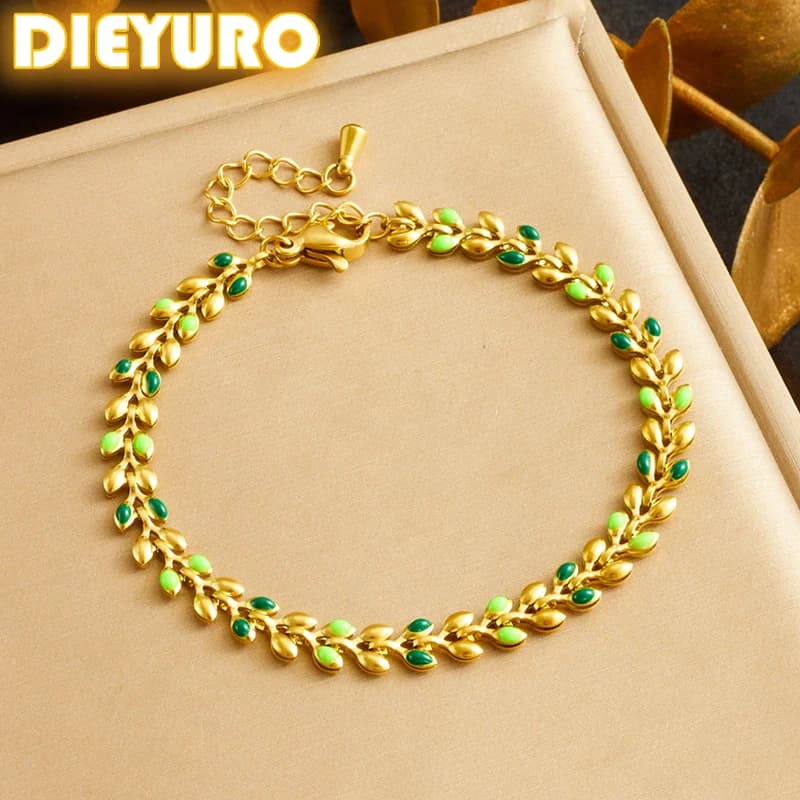 DIEYURO 316L Stainless Steell Green Olive Branch Bracelet For Women 2024 New Trend Concise Creative Idea Hand Chain Jewelry Gift