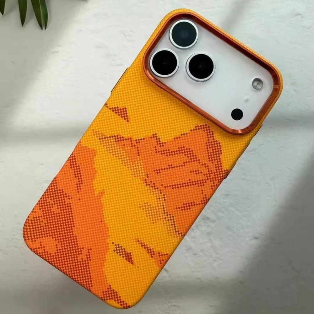 2026 Custodia arancione moda per iPhone 17 Pro Max 17Pro Cover con texture in fibra di carbonio Custodia protettiva magnetica per obiettivo fotocamera wireless