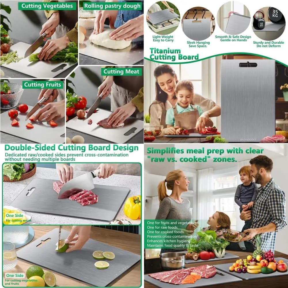 Confezione tripla di tagliere da cucina in titanio: fronte-retro, facile da pulire, lavabili in lavastoviglie, ideali per alimenti grezzi e cotti