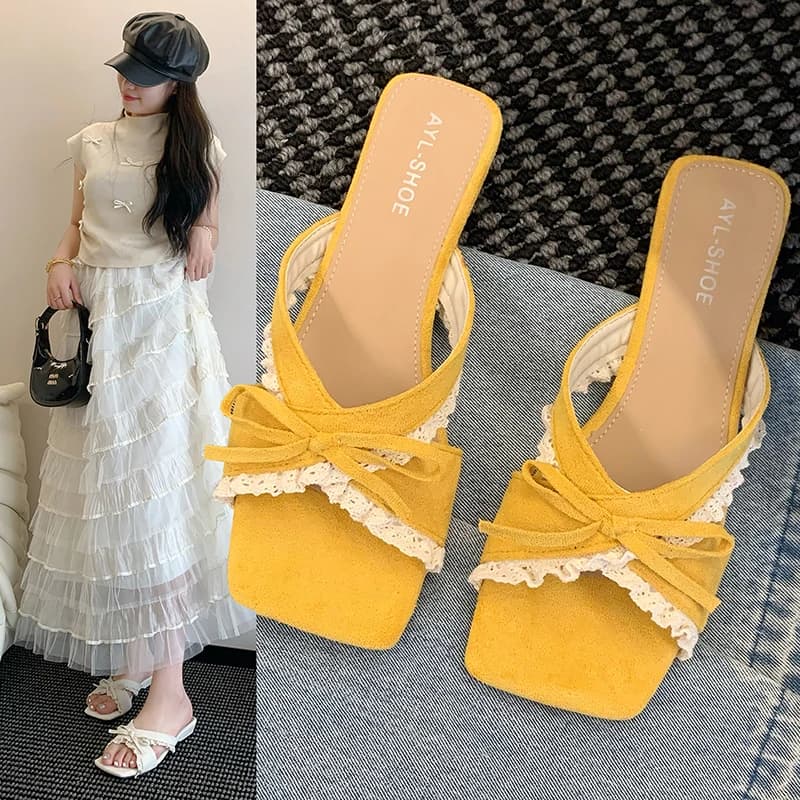 Sandali da donna con fiocco e tacco basso, tacco grosso, punta quadrata, con fiocco e bordo in pizzo, alla moda, Nuovo Stile Estivo 2026