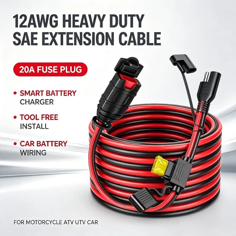 12AWG HeavyDuty SAE Extension Cable with 20A Fuse Plug for Smart Battery Charger Car Battery Modified Wiring Tool Free Install