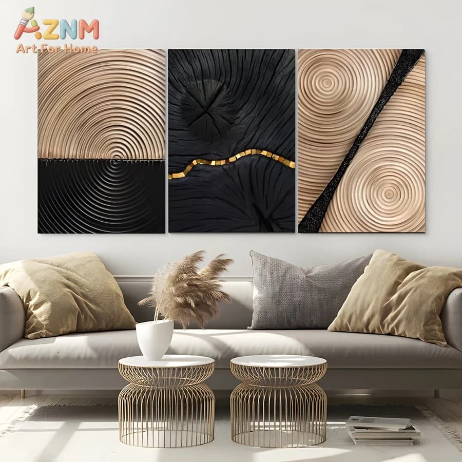 AZNM Wabi Sabi Quadro su Tela con Anelli di Legno Astratti e Linee Dorate, Stampa Minimalista Boho 3D Testurizzata Nera Beige Neutra