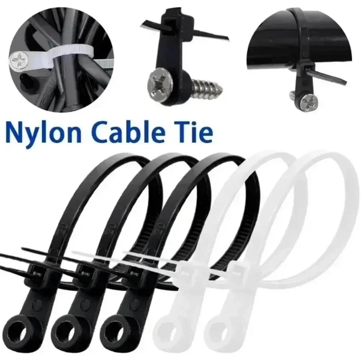 100/500PCS Screw Hole Nylon Cable Ties Multipurpose Duty Adjustable Self-locking Cord Ties Organizer Straps Fastening Loop