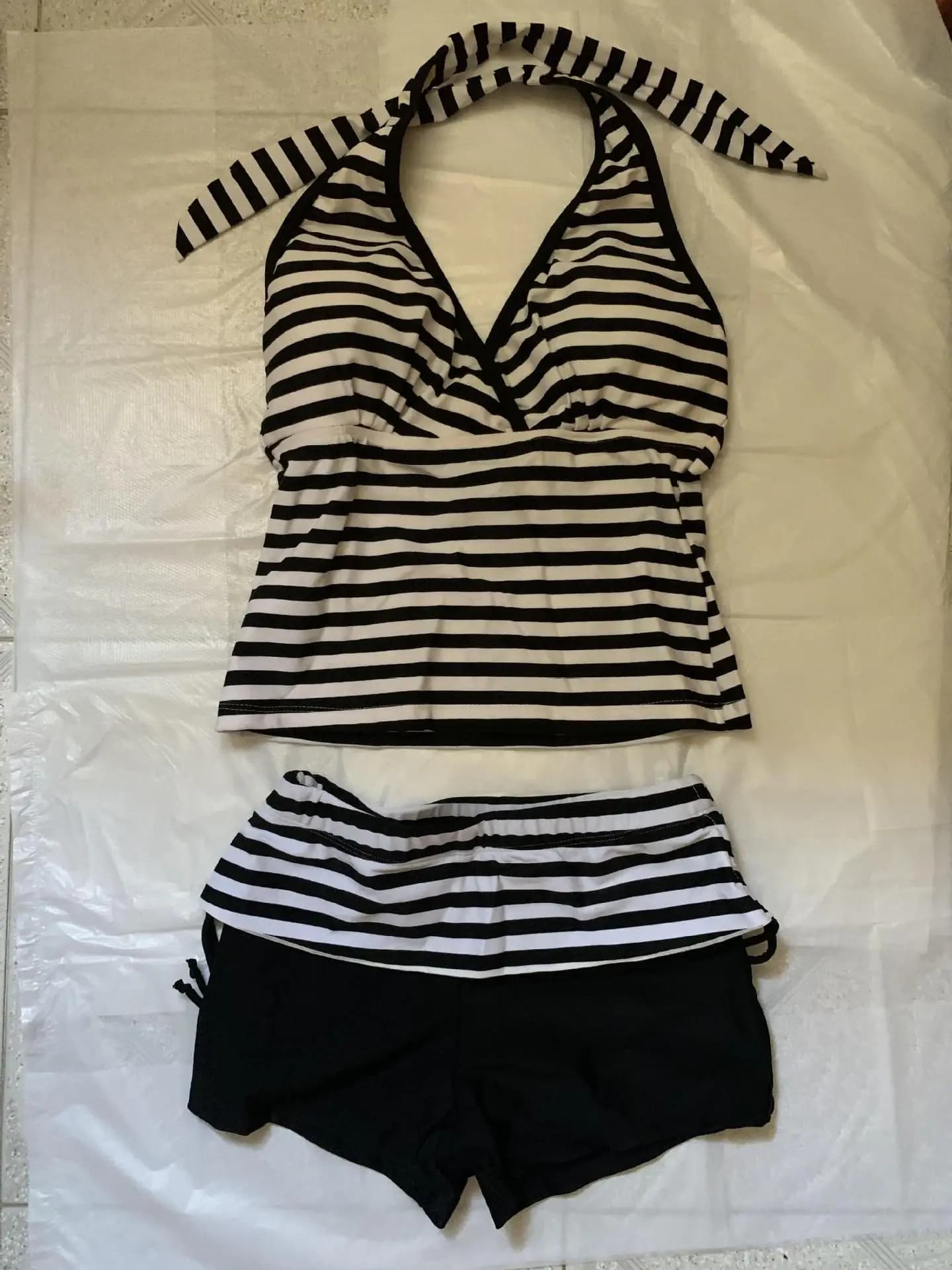 Striped Tankini Two Piece Swimwear nautical ladies island vacations halter ties tummy-friendly upper swim outfits