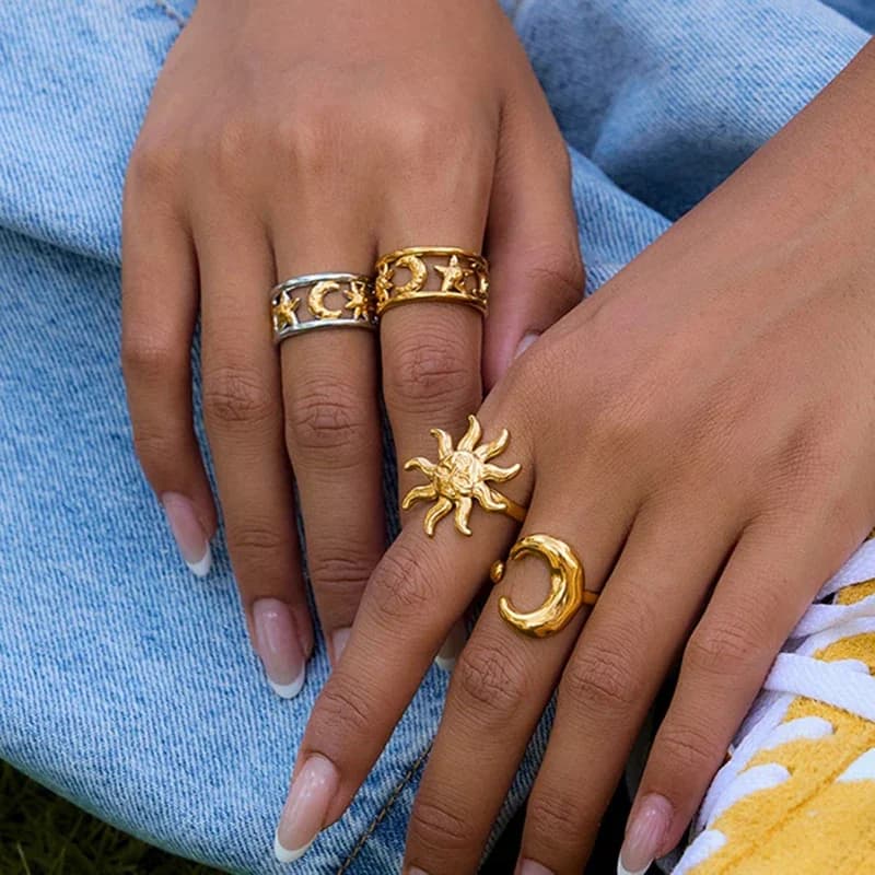Anelli aperti classici minimalisti placcati in oro 18 carati con stella lunare, design regalo di gioielli in acciaio inossidabile impermeabile