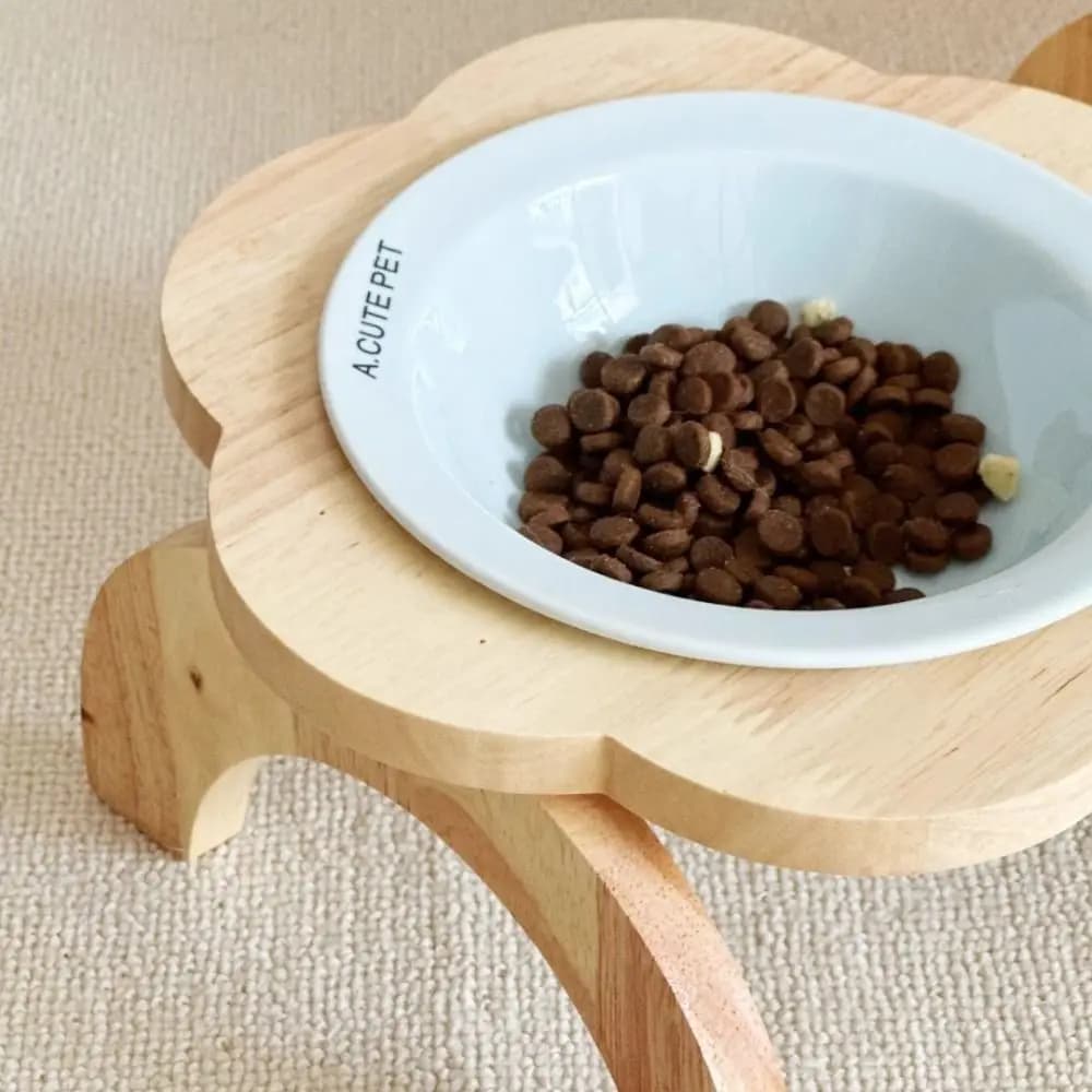Ceramic Flower Shaped Pet Bowl Anti-Spill Non-Slip Elevated Cat Bowl Detachable with Wooden Stand Raised Cat Food Bowl