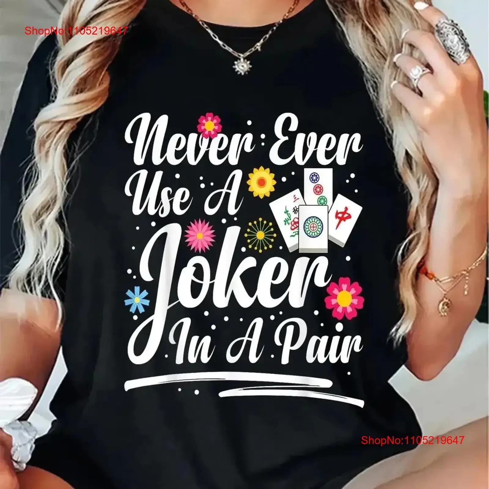 T-shirt da donna casual con stampa di piastrelle Mahjong, girocollo, top vintage, grafica lavata, abiti firmati, traspirante, leggermente