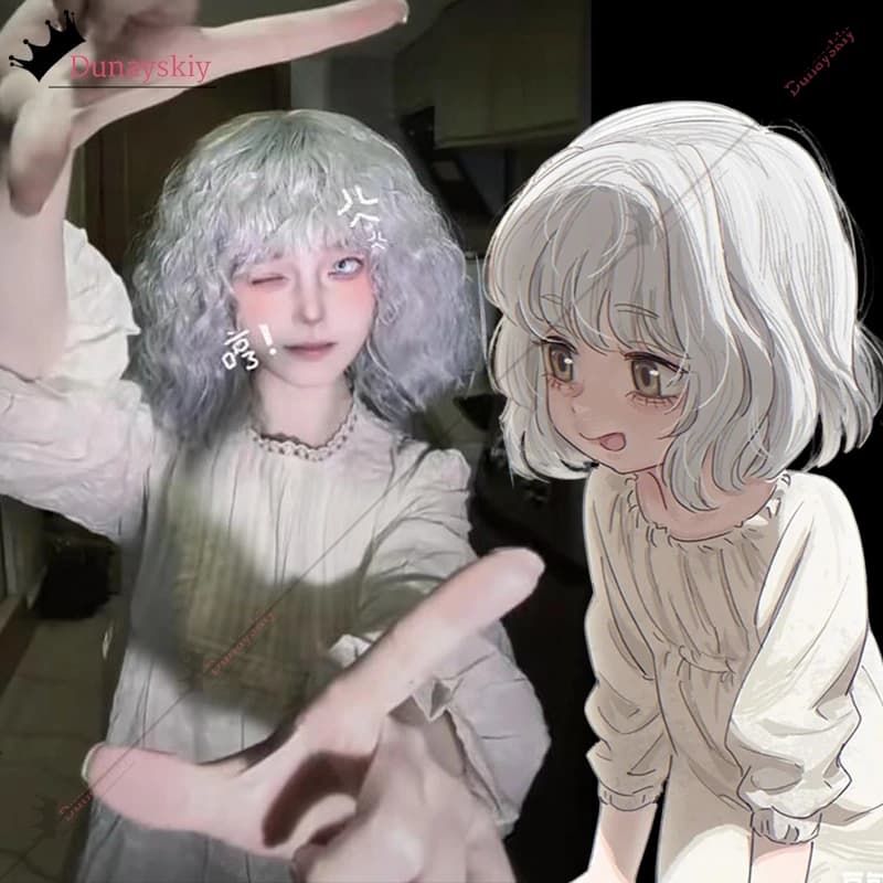Cosplay Emily Costume Wig, Resident Evil Requiem Dress and Gonna, Grey-Silver Wigs for Halloween Coating, RE9 Grace Ashcroft, Role Game
