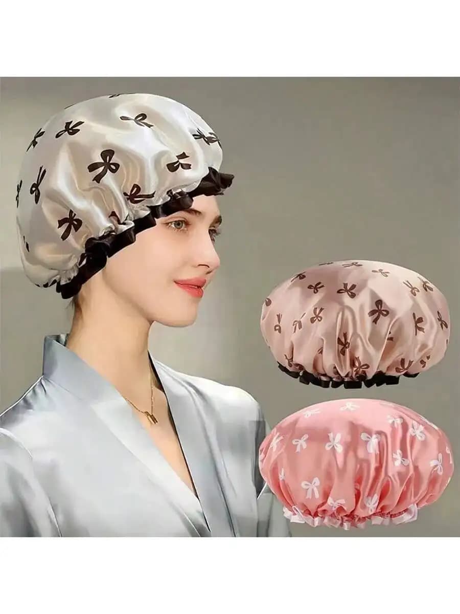 1 pezzo Cuffia da doccia impermeabile a doppio strato con fiocco, elastica, per adulti, anti-olio per cucina, per asciugatura capelli in bagno