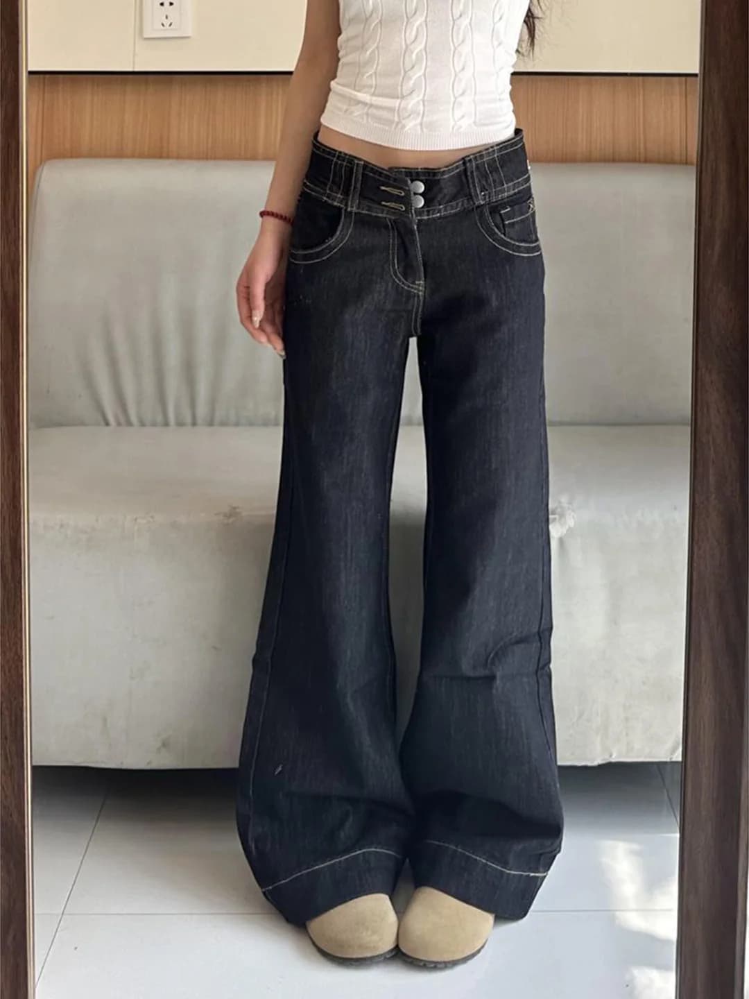 American Style Low Waist Bell Bottom Jeans Women's Loose Fit Slimming Design Wide Leg Long Pants Casual Straight Leg Jeans