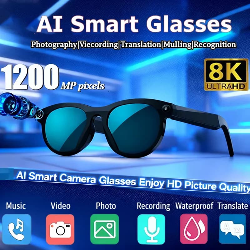 AI Smart Glasses 8K HD Camera 1200W Pixel Sunglasses Multifunctional Bluetooth Call Voice Assistant Musical Translation Glasses