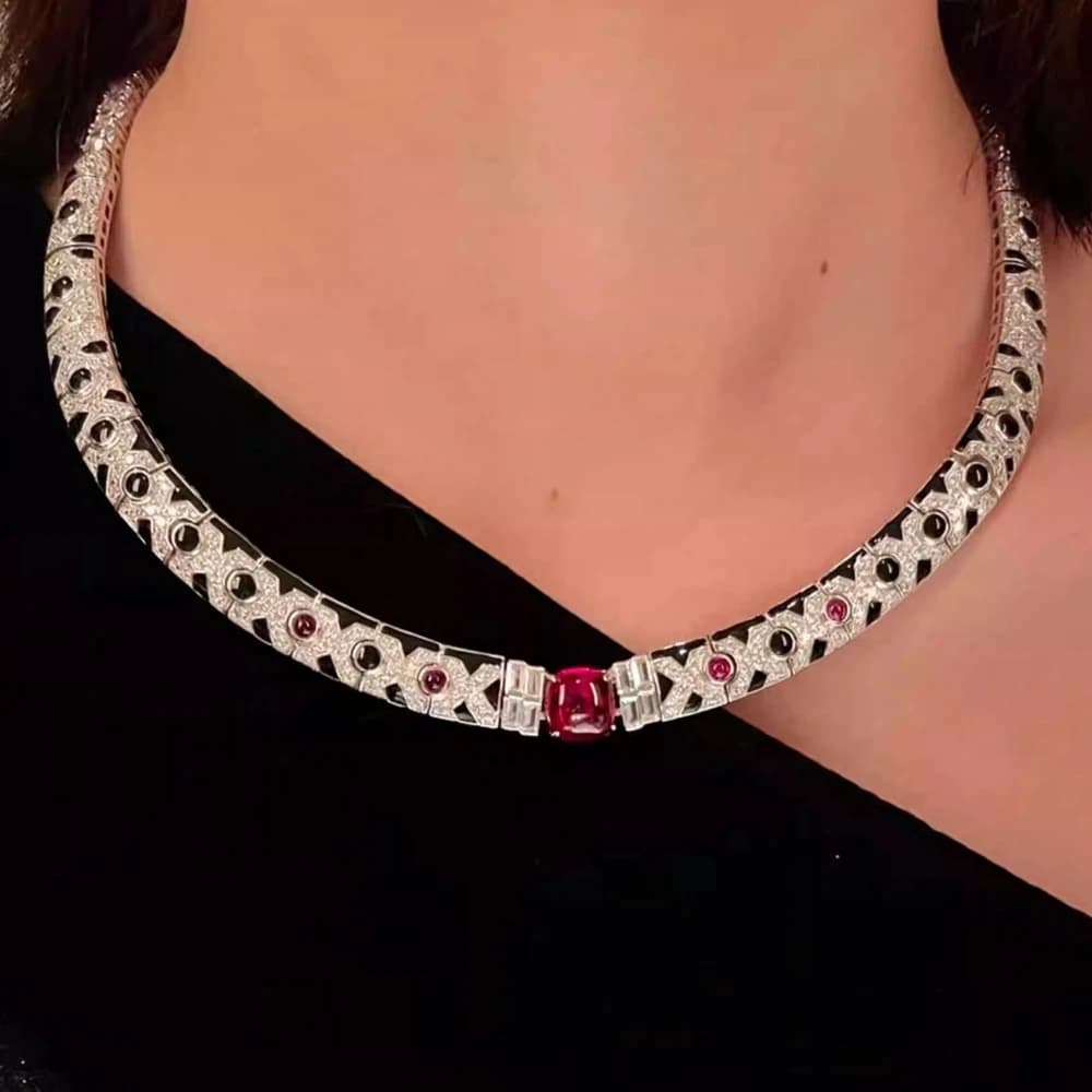 925 Silver Black Enamel Synthetic Red Gemstone Carbon Diamond Panther Leopard Print Choker Chain Nekclace Fine Luxury Jewelry