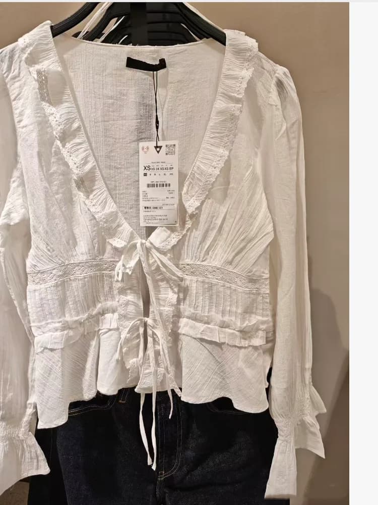Spring 2026 Women's Sweet V-Neck Embroidered Lace Slim Fit Shirt Decorative Belted Layered Design Pure Cotton Long Sleeve Sho...