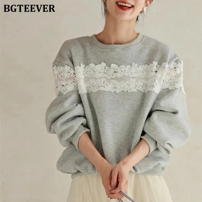 BGTEEVER Autunno Inverno Moda Allentato O-Collo Donna Patchwork Felpe in pizzo Casual Manica lunga Donna Pullover Donna Outwear