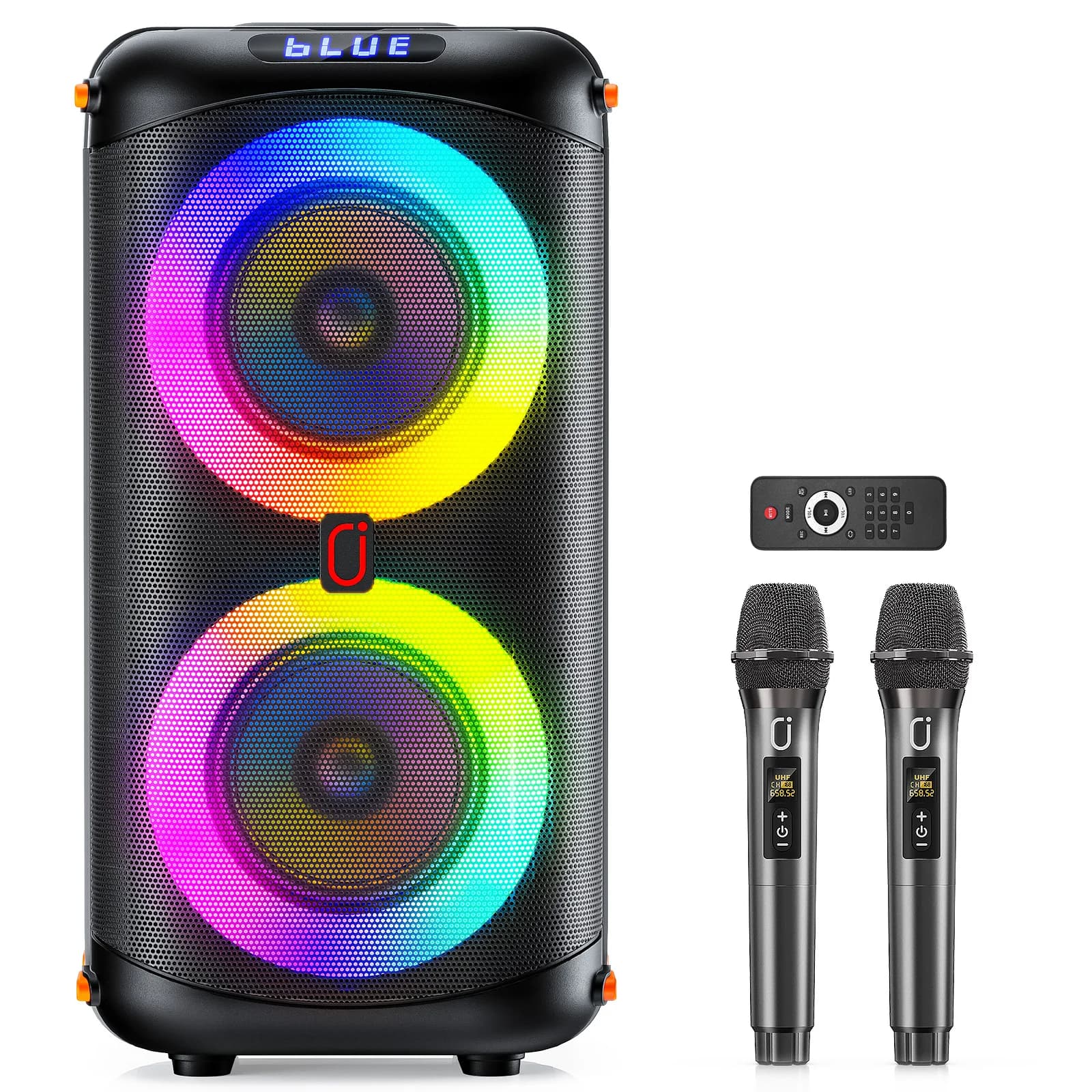 Altoparlante Bluetooth wireless JYX T27, macchina per karaoke con 2 microfoni, altoparlante per feste karaoke domestico con luce LED/batteria 6000Mah