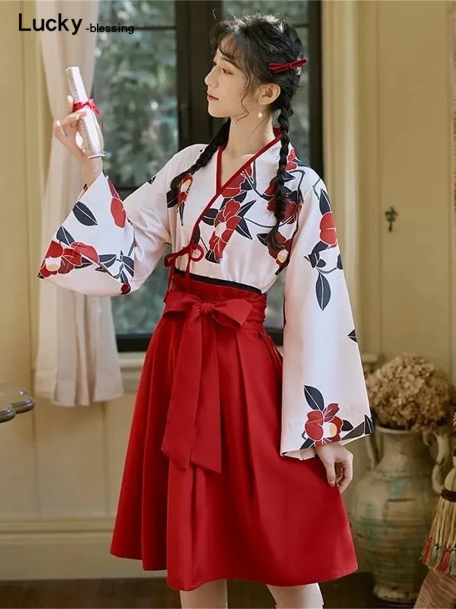 Kimono Sakura Girl Japanese Style Floral Print Vintage Dress Women's Dress Haori Robe Set for Party Yukata Asian Cosplay Dresses