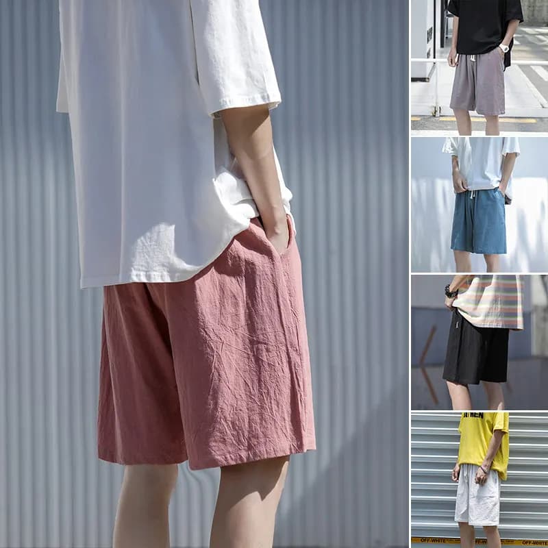 Pantaloncini da uomo in cotone e lino, casual, sportivi, leggeri, estivi, da spiaggia, a gamba dritta, lunghezza 5', colore base, ad asciugatura rapida, vita media