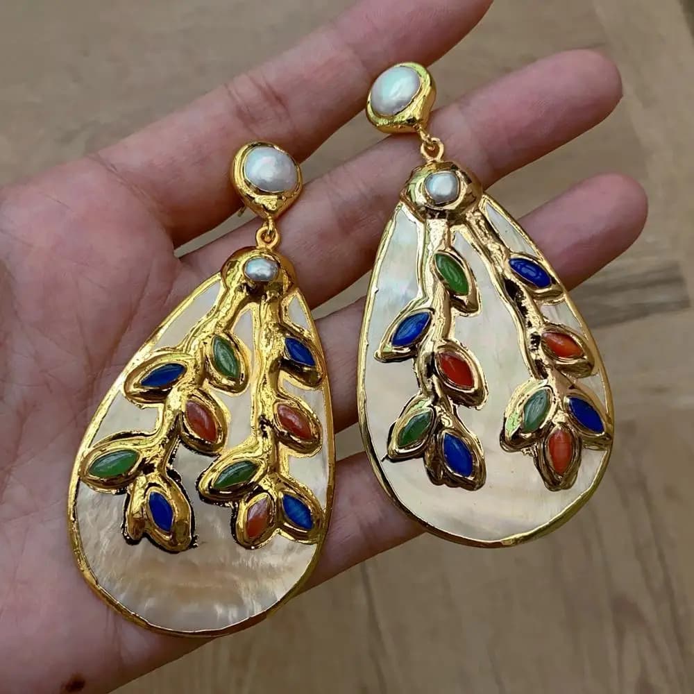 KKGEM 42x62mm Natural Multi Color Agate Pave Yellow Sea Shell Gold Plated Drop Earrings