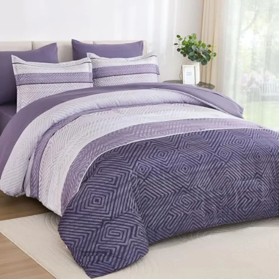 Set Copripiumino 7 Pezzi, Set Letto Completo Boho a Righe, Set Copripiumino e Lenzuola in Morbida Microfibra per Tutte le Stagioni 90"x90