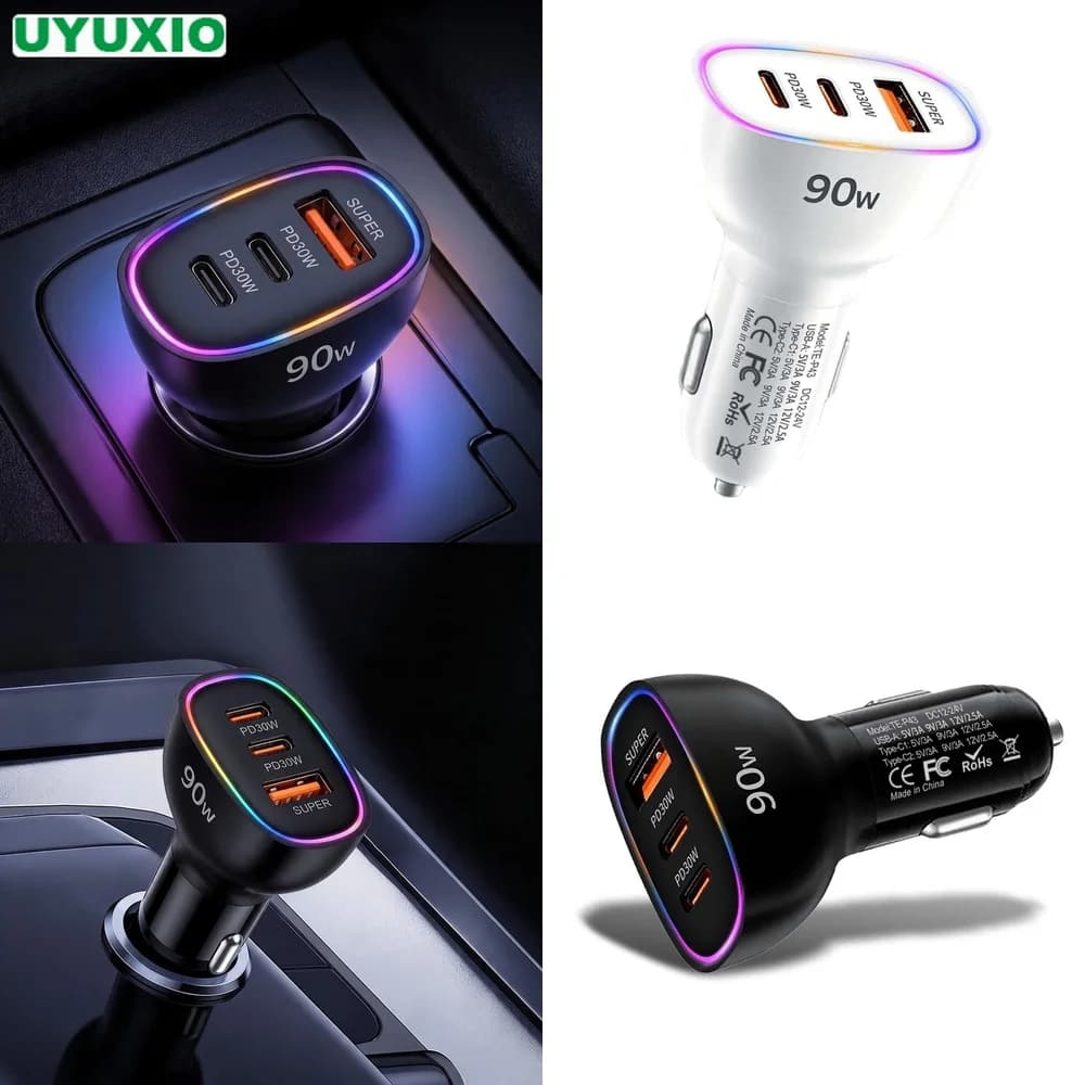 Super Fast Charging 90W Car Charger 3 Port Dual PD 30W Type C USB A 30W Power Adapter PPS QC3.0 SCP RGB LED Light 12V 24V Power