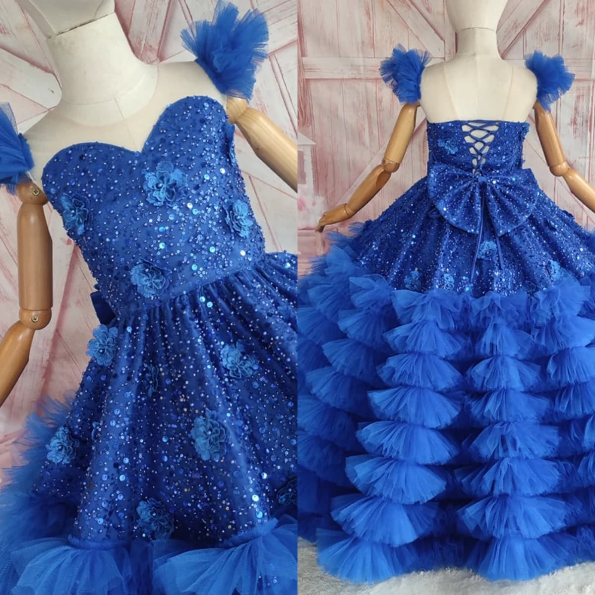 Abito da spettacolo per ragazza blu royal Abiti da ragazza di fiore per matrimonio Abiti da compleanno per feste con volant per bambini con paillettes personalizzati