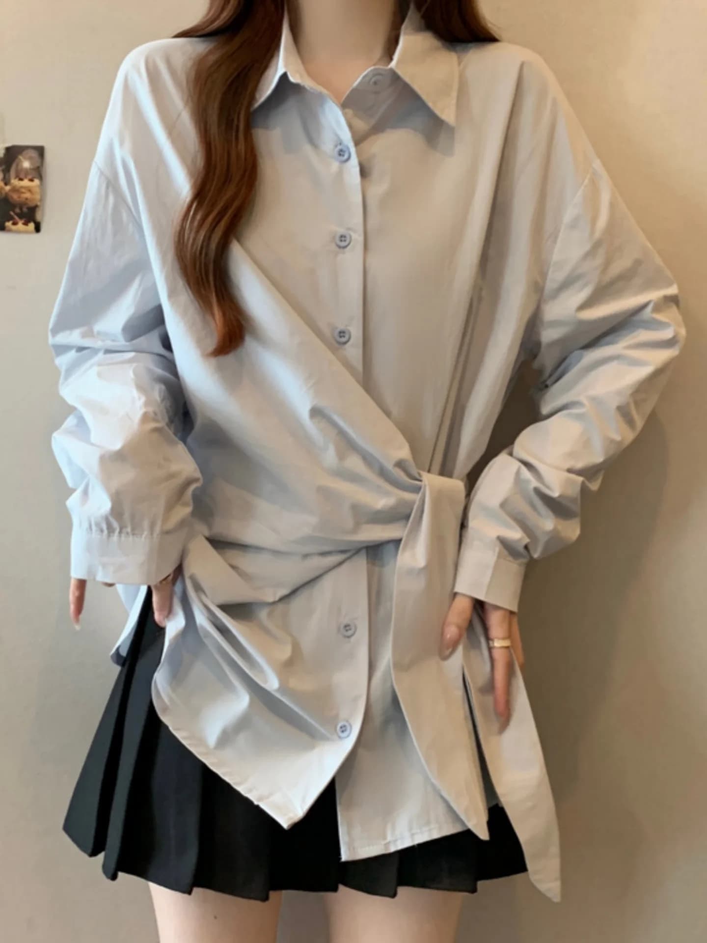 Slimming Design Collar Long Sleeve Base Shirt Women's Style Spring Autumn plus Size Conceal Belly Tie Waist Shirt
