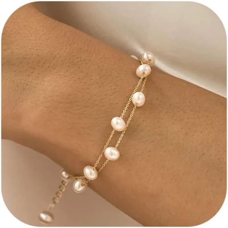 Braccialetti di Perle Placcati in Oro 14K per Donne, Delicati Braccialetti con Perle in Argento 925 e Catena con Cuore, Gioielli Regalo per Donne