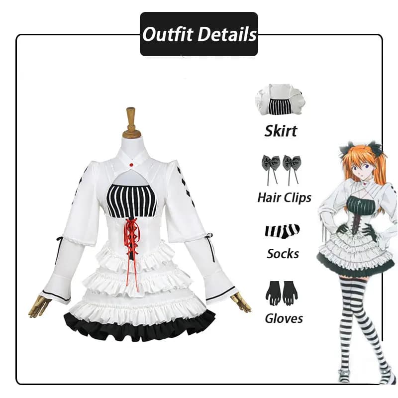 Red & White Combat Themed Cosplay Dress, Ruffled Lolita Outfit with Petticoat for Stage Show