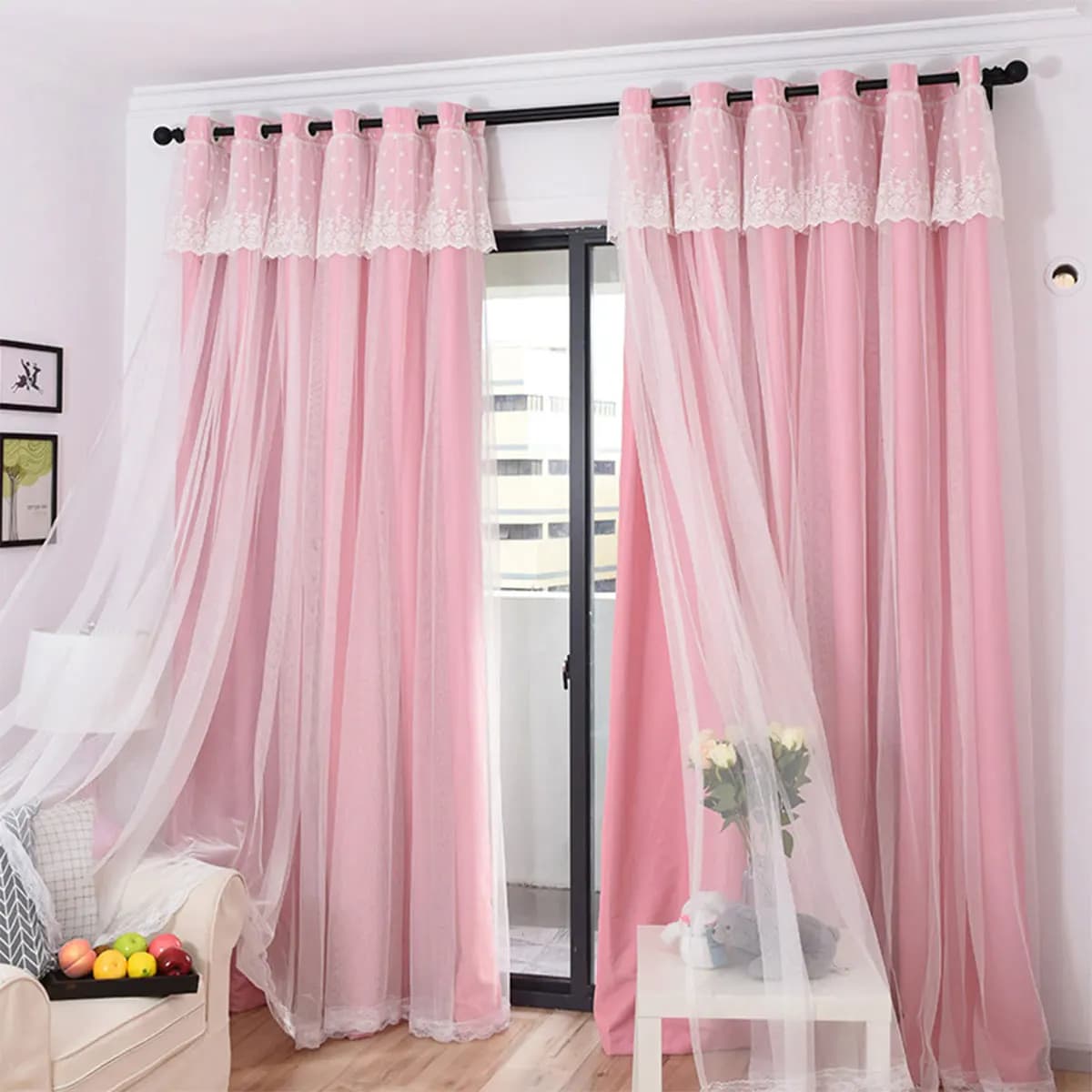 Pink Double Layer Grommet Curtains 2 Panels, Polka Dot Lace Sheer & Light Blocking Window Drapes