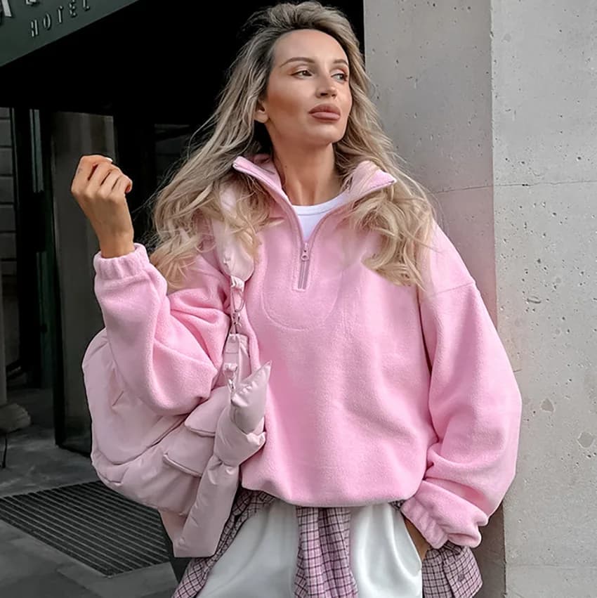 Women Warm Fleece Half Zip Sweatshirt Autumn Winter Oversized Pullover Hoodie Loose Casual Long Sleeve Thick Soft Sweater