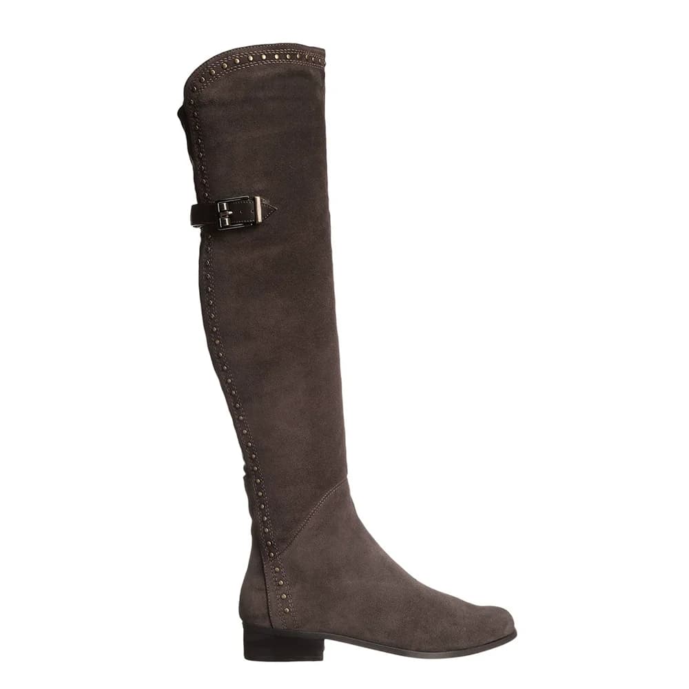 New Women's Boots Autumn-Winter with Rounded Toe, Leather Strap with Studs, Low Heel in Suede, Knight Style, Available in Large Sizes